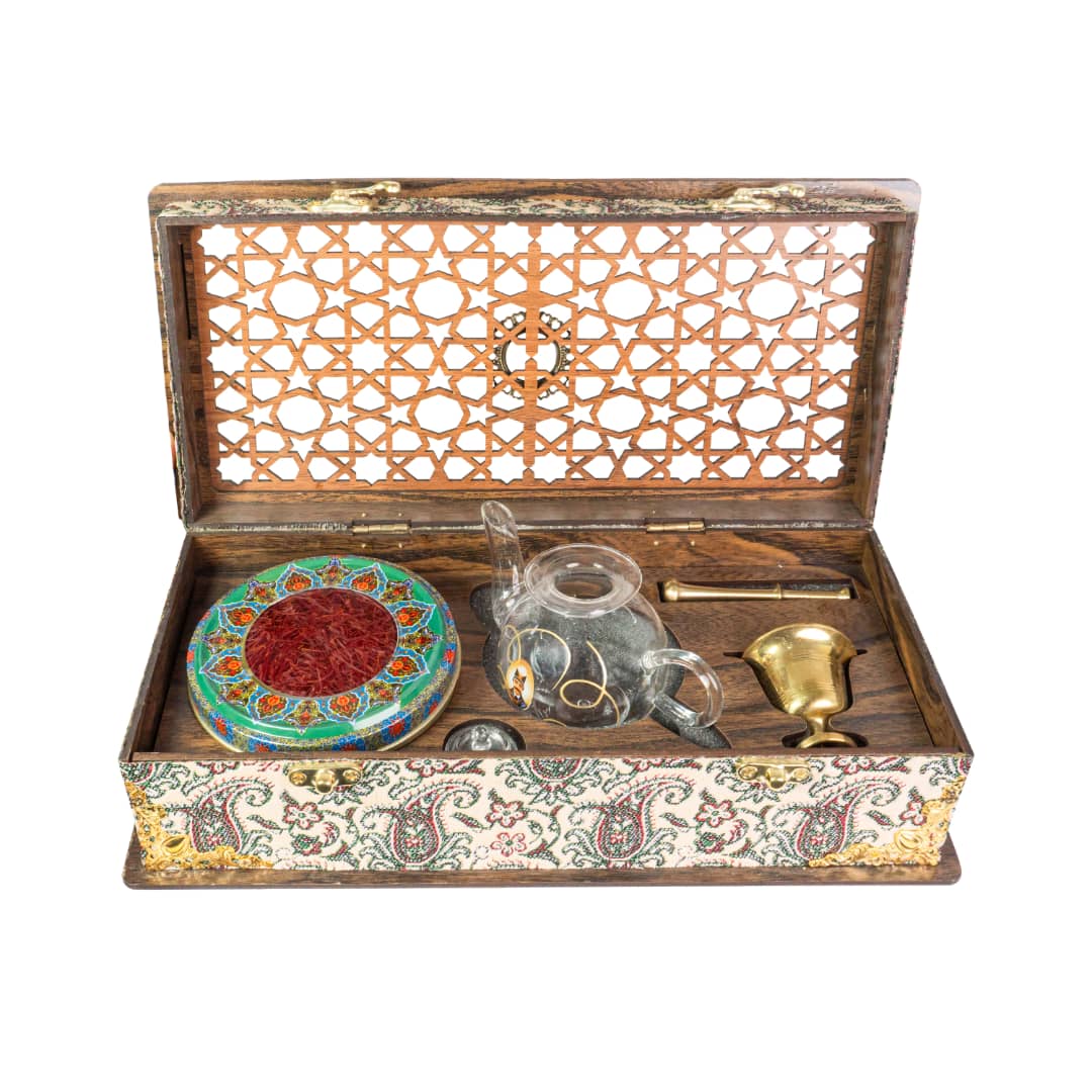 باکس چوبی طرح ترمه - زعفران ساقه چین - پک هدیه